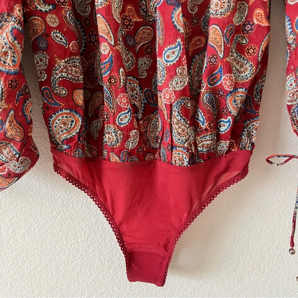 NWOT Free People Sundown Paisley Off Shoulder Bodysuit Red Vintage Combo XS/S